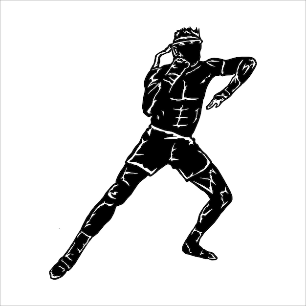 Dessin en noir et blanc d'un homme en position de combat.