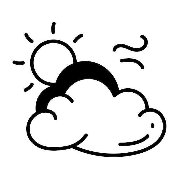 Un dessin en noir et blanc d'une icône météo avec le soleil et les nuages en arrière-plan.