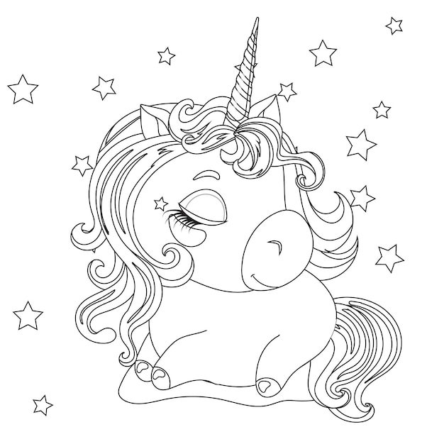 Dessin noir et blanc de licorne bébé dessiné à la main pour cahier de coloriage