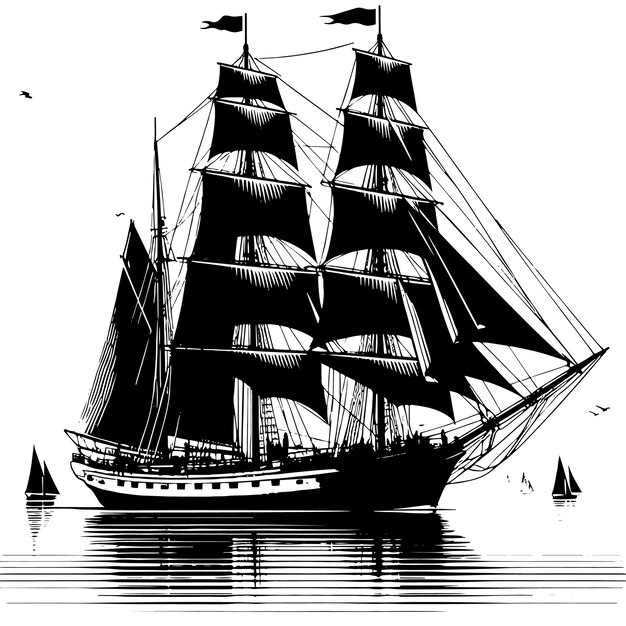 Vecteur un dessin en noir et blanc d'un navire avec une voile et des mouettes volant en arrière-plan