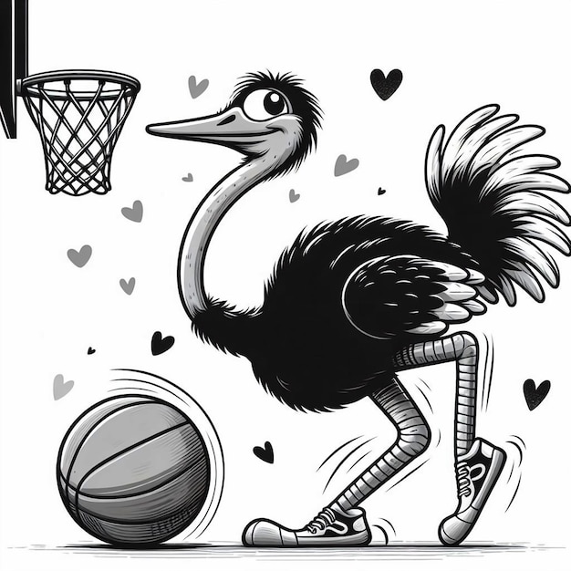 un dessin en noir et blanc d'un oiseau jouant au basket-ball avec un filet