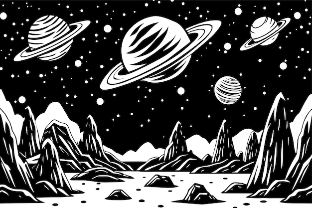 Vecteur un dessin en noir et blanc d'une planète avec des planètes et des étoiles