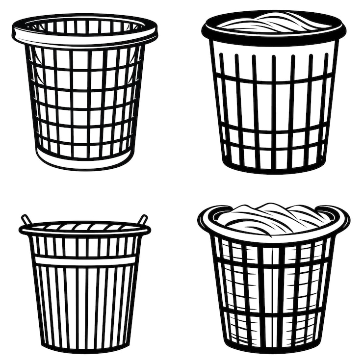 Vecteur un dessin en noir et blanc d'une poubelle avec un panier de nouilles