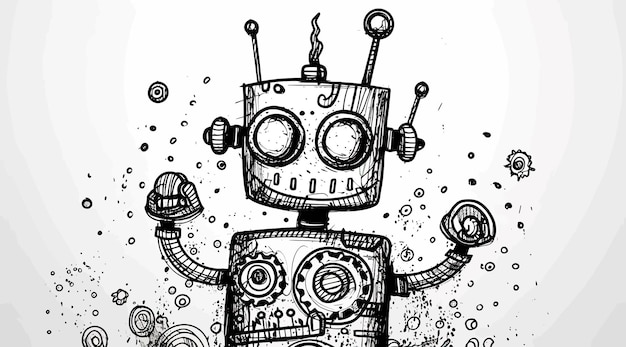 un dessin en noir et blanc d'un robot avec un robot dessus