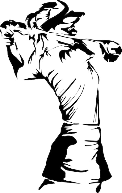 Vecteur un dessin en noir et blanc d'un swing de golf