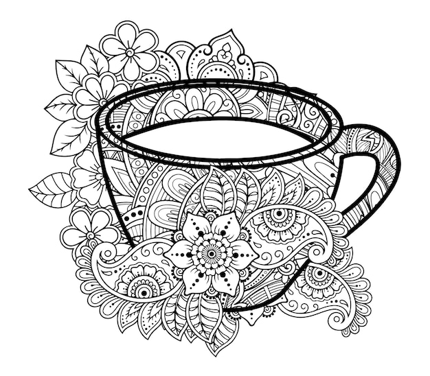 Un Dessin En Noir Et Blanc D'une Tasse De Thé Et D'une Coupe Avec Un Dessin Floral