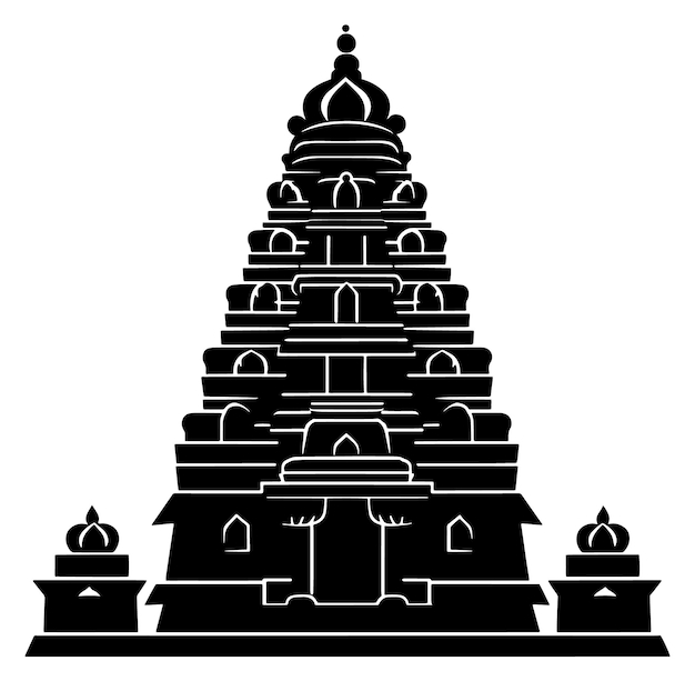Vecteur un dessin en noir et blanc d'un temple avec une tour en pierre.