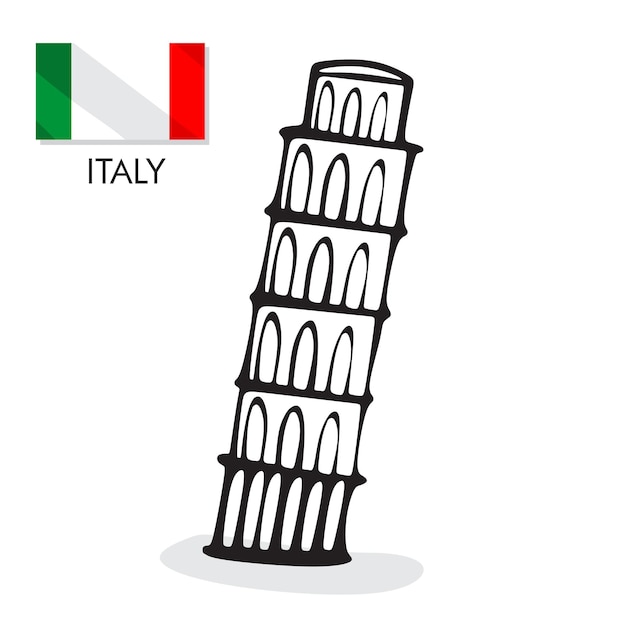 Vecteur un dessin noir et blanc de la tour penchée de pise et du drapeau italien avec et illustration vectorielle