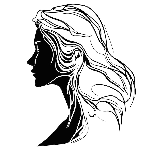 Dessin en noir et blanc d'un visage de femme aux cheveux longs.