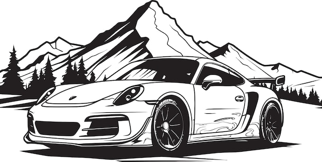 Vecteur un dessin en noir et blanc d'une voiture avec des montagnes en arrière-plan