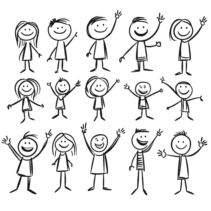 Vecteur un dessin noir de personnes avec différentes expressions et bras