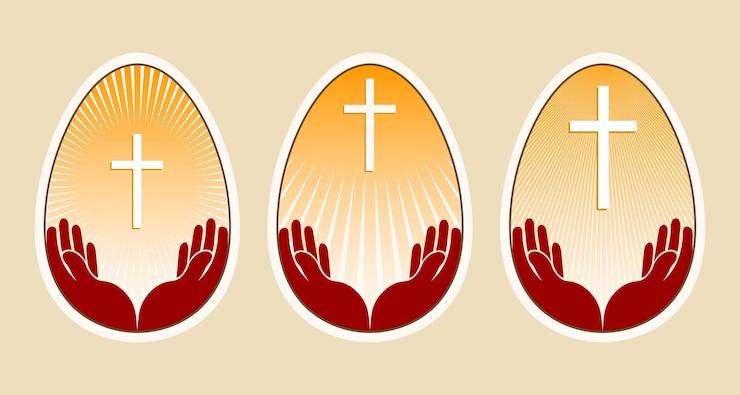 Vecteur dessin d'un oeuf de pâques avec une croix et des mains, ensemble, élément de conception.