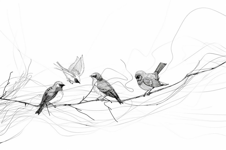 Vecteur un dessin d'oiseaux sur une branche avec l'un étant dessiné par un papillon