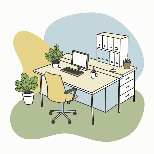 un dessin d'un ordinateur et d'une chaise avec un ordinateur dessus