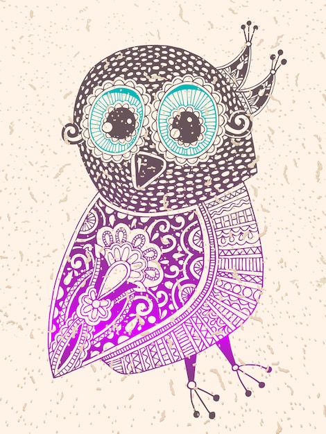 Vecteur dessin original à la main d'encre de hibou décoratif ethnique, illustration vectorielle