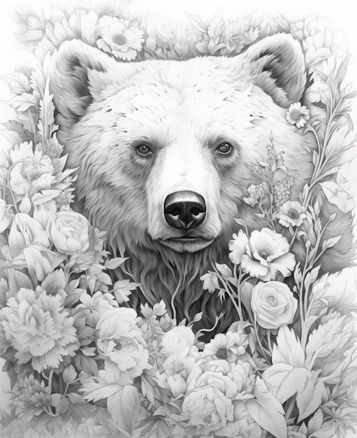 Vecteur un dessin d'ours avec un nez noir et un nez blanc est entouré de fleurs.