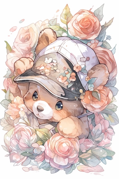 Vecteur un dessin d'un ours en peluche avec un chapeau et des fleurs.