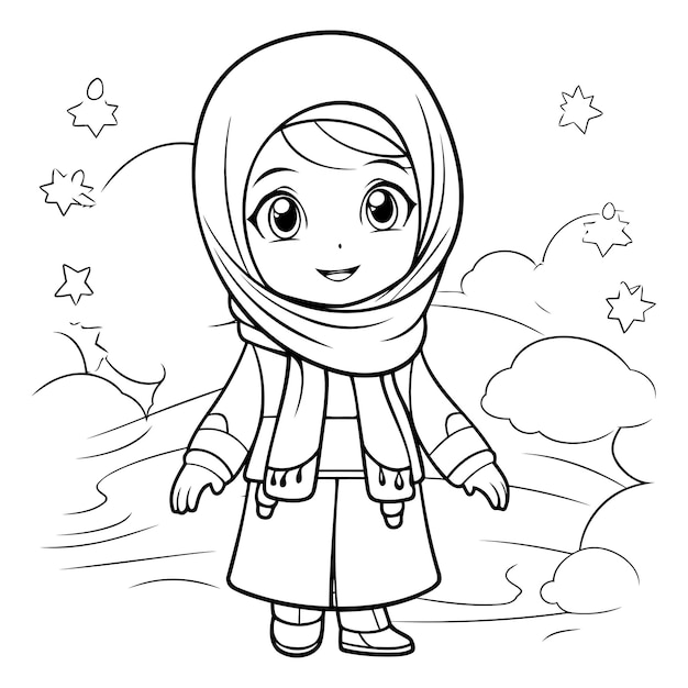 Vecteur dessin de page à colorier d'une fille musulmane portant un hijab