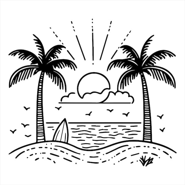 un dessin de palmiers et un bateau dans l'eau