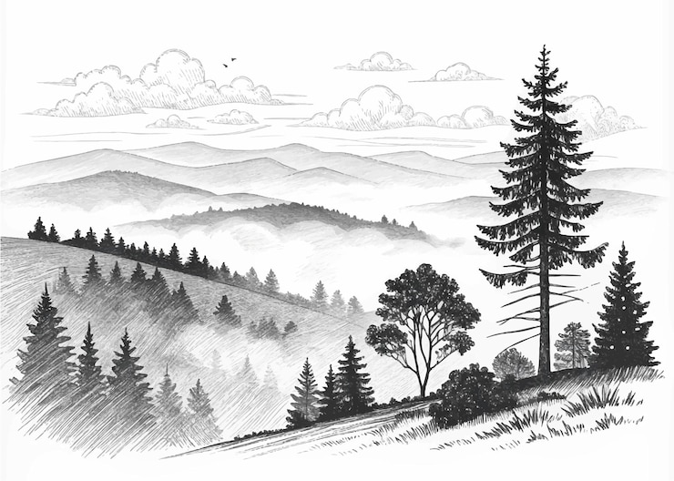 Vecteur un dessin d'un paysage avec des arbres et des montagnes en arrière-plan