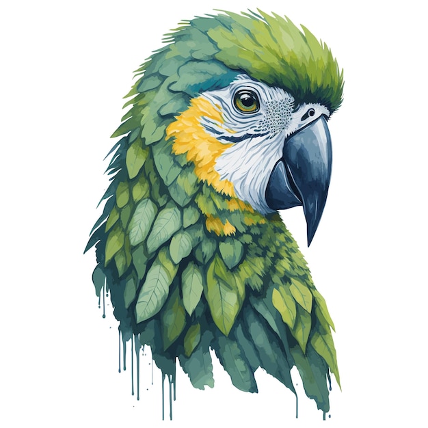 Un dessin d'un perroquet avec une tête verte et des plumes jaunes.