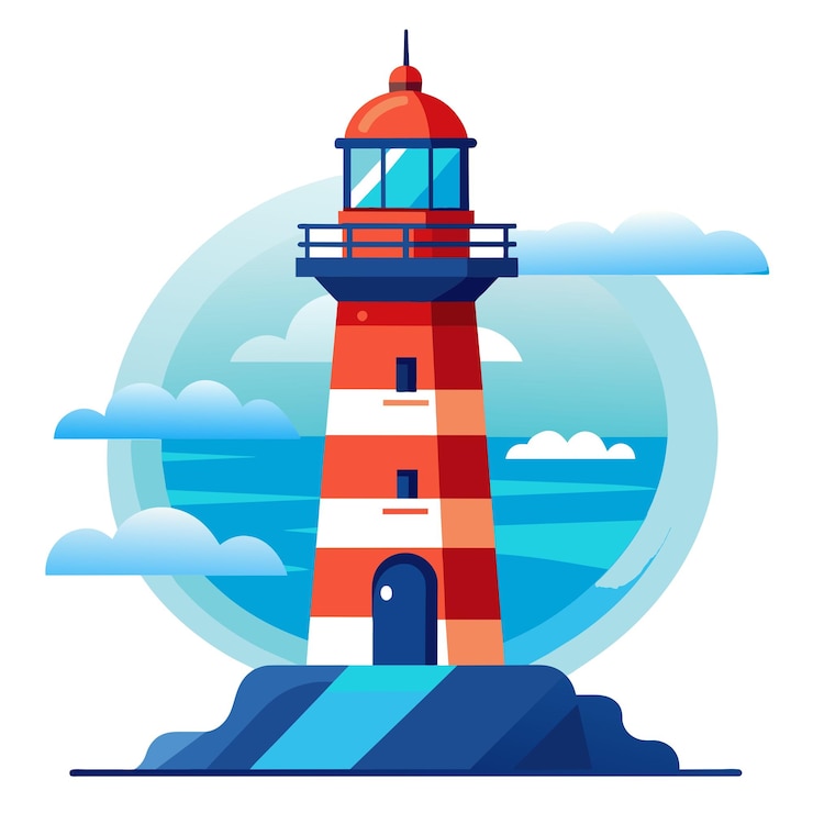 Vecteur un dessin d'un phare avec un ciel bleu et des nuages