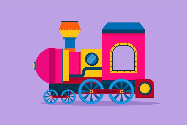 Vecteur dessin à plat de caractère d'une locomotive de train jouet colorée sous la forme d'un système de vapeur itinérant dans un parc d'attractions pour transporter des passagers souvenirs d'enfance heureux illustration vectorielle de dessin animé