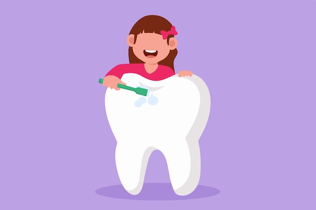 Dessin plat de caractère de petite fille se brosser les dents géantes avec une brosse à dents Clinique dentaire dentisterie hôpital centre de soins bucco-dentaires Campagne de dents saines pour les enfants Illustration vectorielle de dessin animé
