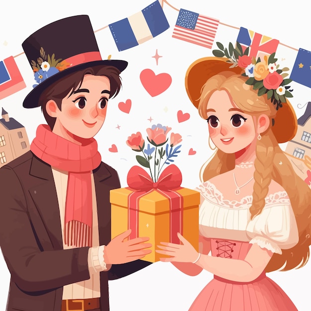 Un Dessin Plat D'un Couple Donnant Un Cadeau D'amour Et De Cœur