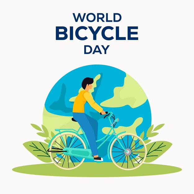 Dessin plat d'illustration pour la journée mondiale du vélo avec de la terre et des feuilles
