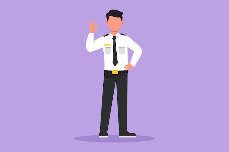 Vecteur dessin à plat de personnage d'agent de bord ou d'intendant debout en uniforme avec un geste correct se préparer à l'aéroport pour voler et servir les passagers jusqu'à leur destination illustration vectorielle de conception de dessin animé