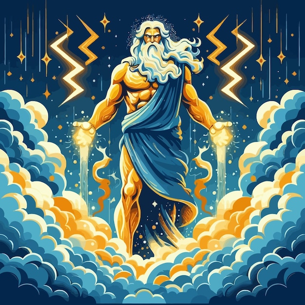 Vecteur un dessin plat de zeus avec le tonnerre et les nuages