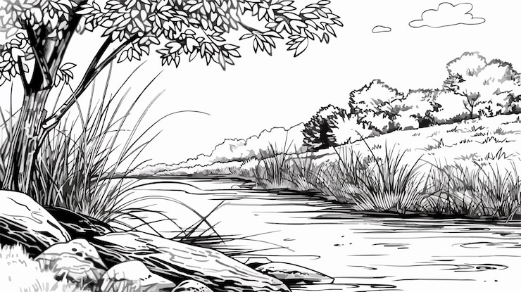 Vecteur un dessin d'une rivière avec une rivière et des arbres en arrière-plan