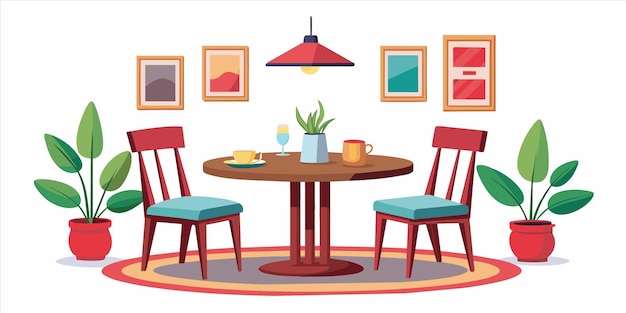 Vecteur un dessin d'une salle à manger avec des chaises et une table avec une lampe dessus