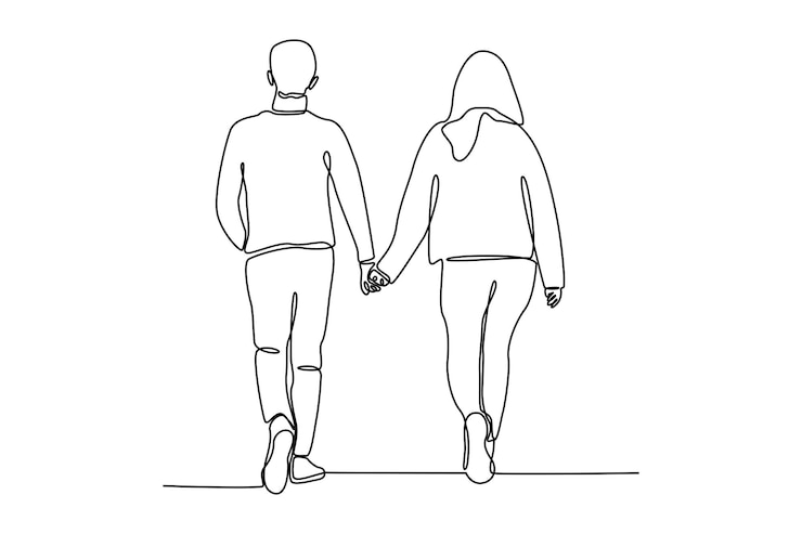 Vecteur dessin d'une seule ligne d'un couple se tenant par la main pendant qu'ils marchent ensemble couple amoureux passant du temps ensemble concept de famille heureuse dessin de ligne continue moderne illustration graphique vectorielle