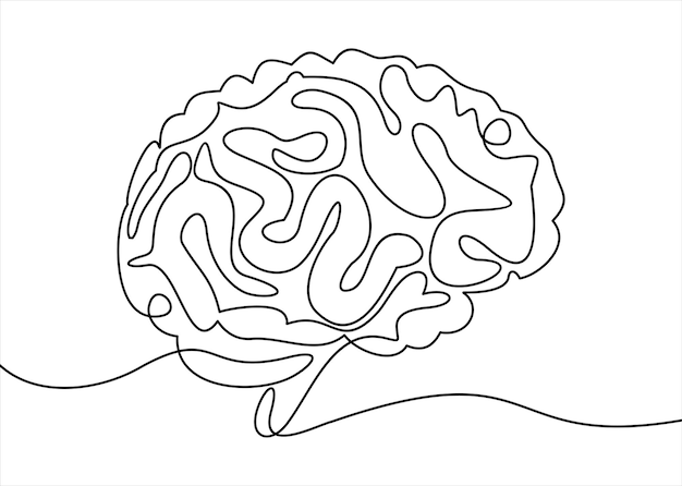 Un dessin en une seule ligne du cerveau humain intelligent depuis le côté de l'identité du logo