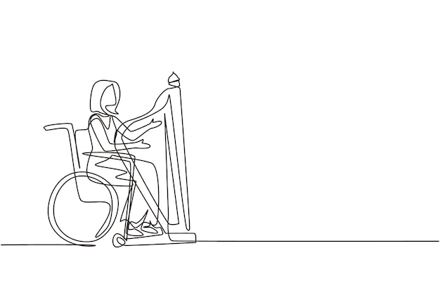 Vecteur dessin d'une seule ligne femme assise dans un fauteuil roulant jouant de la harpe handicap et musique classique