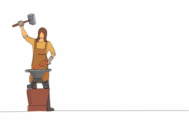 Dessin d'une seule ligne de forgeuse portant un tablier forge une petite épée sur une enclume vecteur de conception