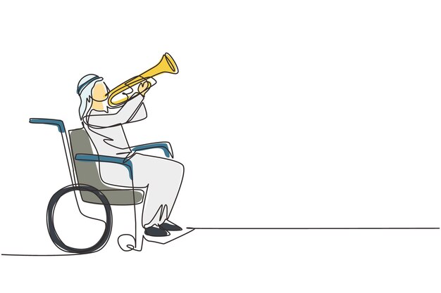 Vecteur dessin d'une seule ligne d'un homme arabe en fauteuil roulant jouant de la trompette vecteur de conception handicapé physique