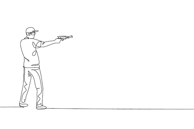 Un dessin en une seule ligne d'un jeune homme s'entraînant à tirer sur une cible à distance.
