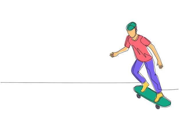 Vecteur un dessin en une seule ligne d'un jeune homme sur un skateboard, un patineur masculin élégant en tenue décontractée.