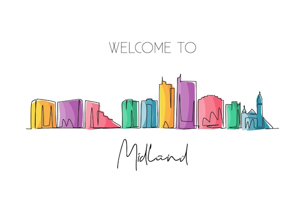 Vecteur dessin d'une seule ligne skyline de la ville de midland texas paysage de ville historique mondial meilleures vacances