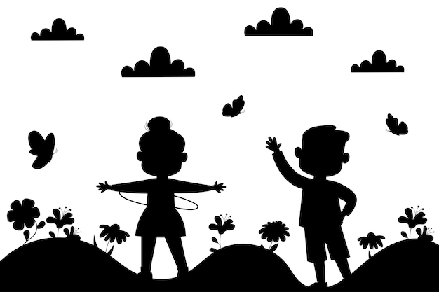 Vecteur dessin, silhouette, de, dessin animé, enfants, été, fond