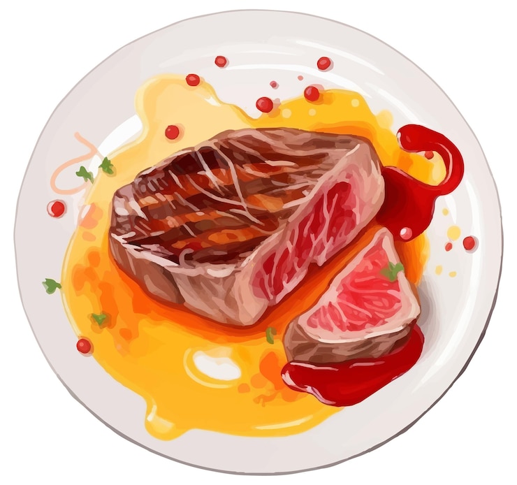 Vecteur un dessin d'un steak sur une assiette avec sauce et parmesan.
