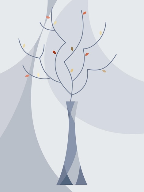 Dessin Stylisé D'une Branche D'arbre Avec Des Feuilles Dans Un Vase Sur Fond Gris