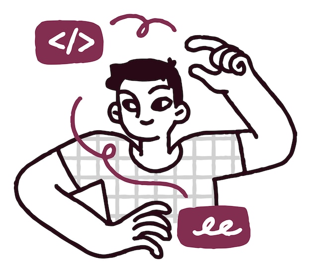 Dessin stylisé d'une personne faisant un geste de codage entouré de symboles de programmation