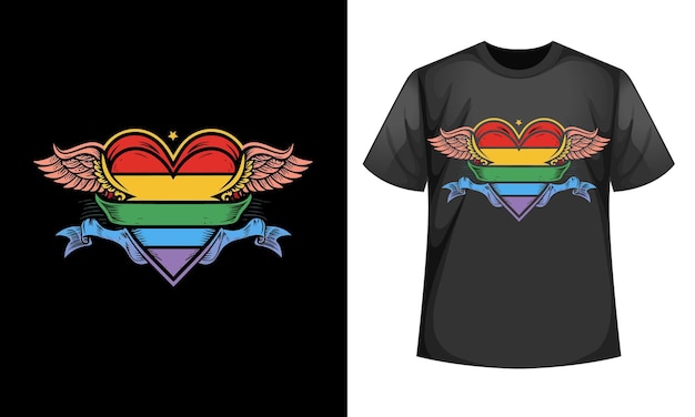 Un dessin de T-shirt d'un cœur ailé avec un arc-en-ciel