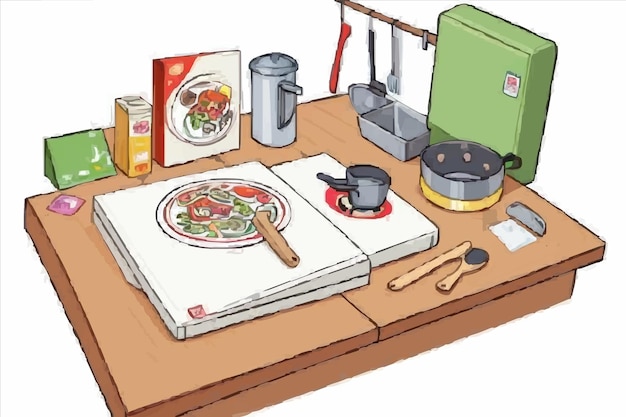 Vecteur un dessin d'une table avec une assiette de nourriture et un livre appelé 