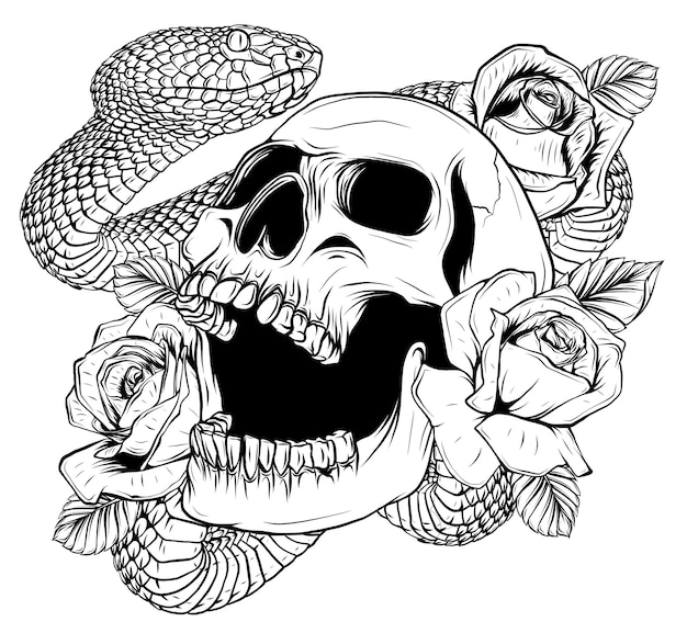 Dessin de tatouage coloré avec des roses de crâne et une illustration vectorielle de serpent