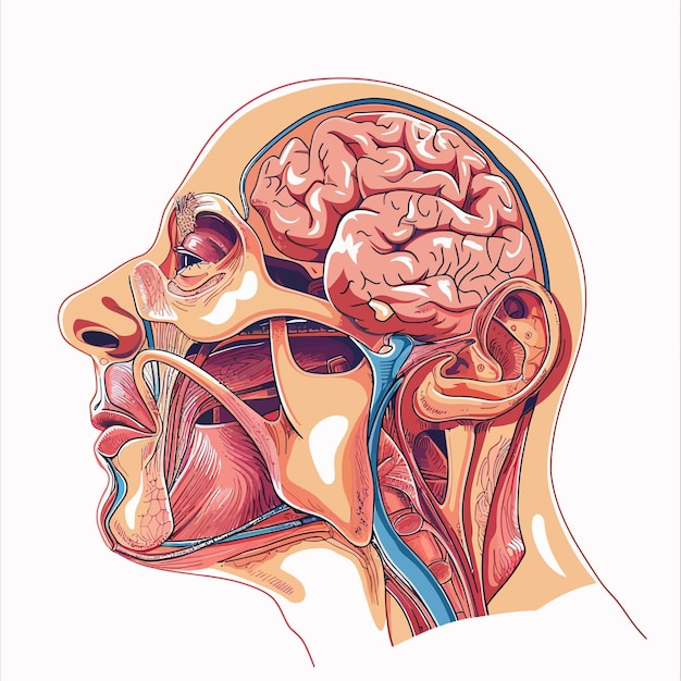 Vecteur un dessin d'une tête humaine avec le cerveau étiqueté avec le cerveau